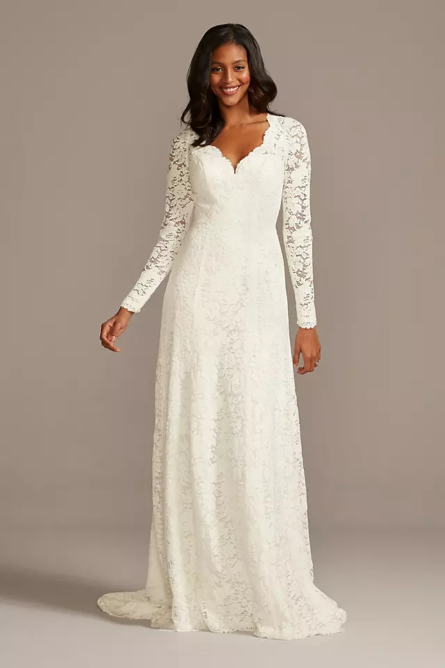 Scalloped Lace Long Sleeve Open Back Wedding Dress Image
