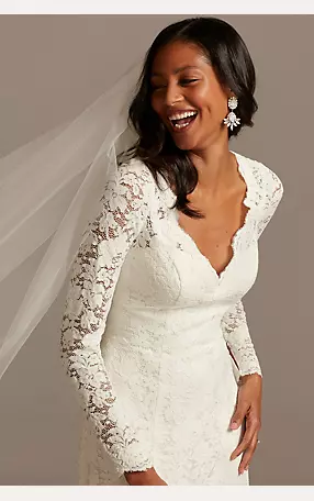 Scalloped Lace Long Sleeve Open Back Wedding Dress Image 3