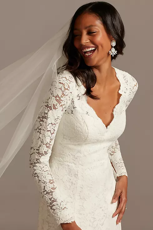 Scalloped Lace Long Sleeve Open Back Wedding Dress Image 3