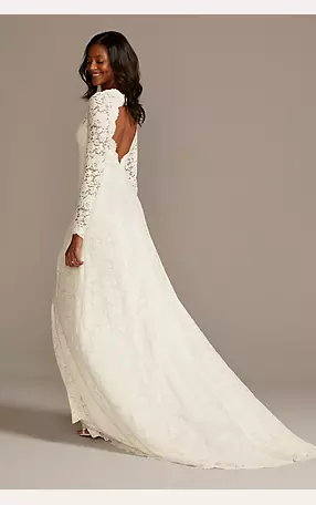 Scalloped Lace Long Sleeve Open Back Wedding Dress Image 2
