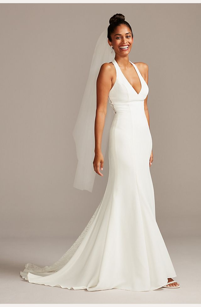 Sheer Back Crepe Wedding Dress with Lace Train | David's Bridal