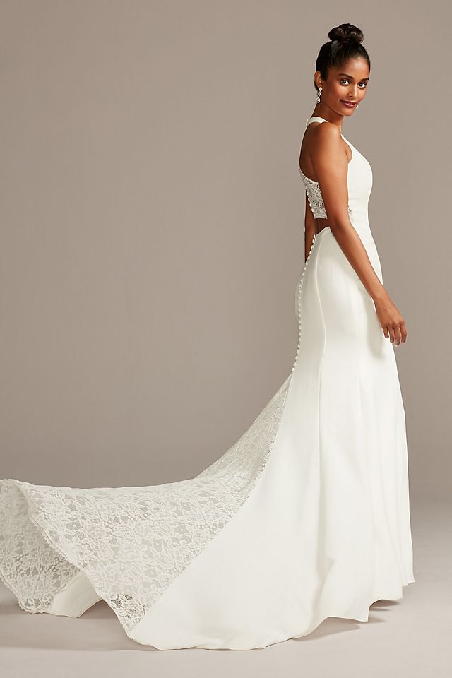 Sheer Back Crepe Wedding Dress with Lace Train Image 2