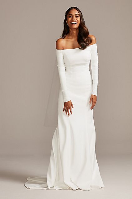 Off-the-Shoulder Buttoned Back Crepe Wedding Dress