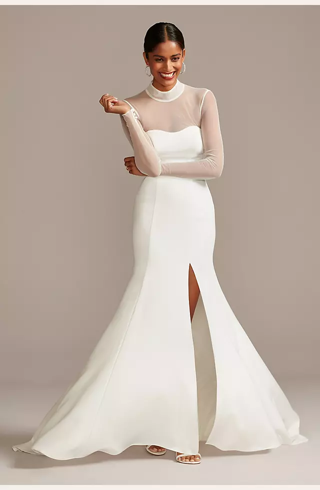 Illusion Sleeve High Neck Plus Size Wedding Dress Image
