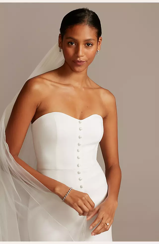 Button Front Strapless Crepe Wedding Dress