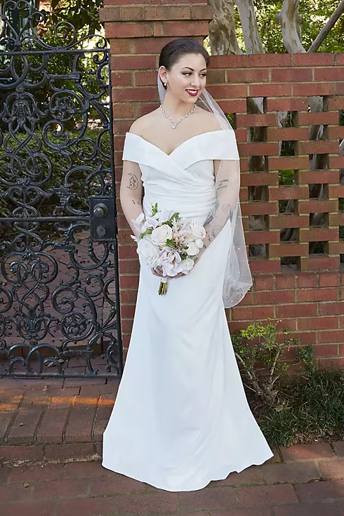 Crepe Off-the-Shoulder Sheath Wedding Dress Image 5