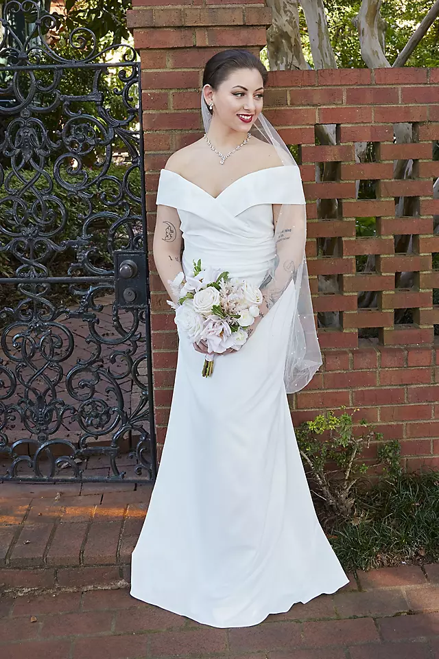 Crepe Off-the-Shoulder Sheath Wedding Dress Image 5