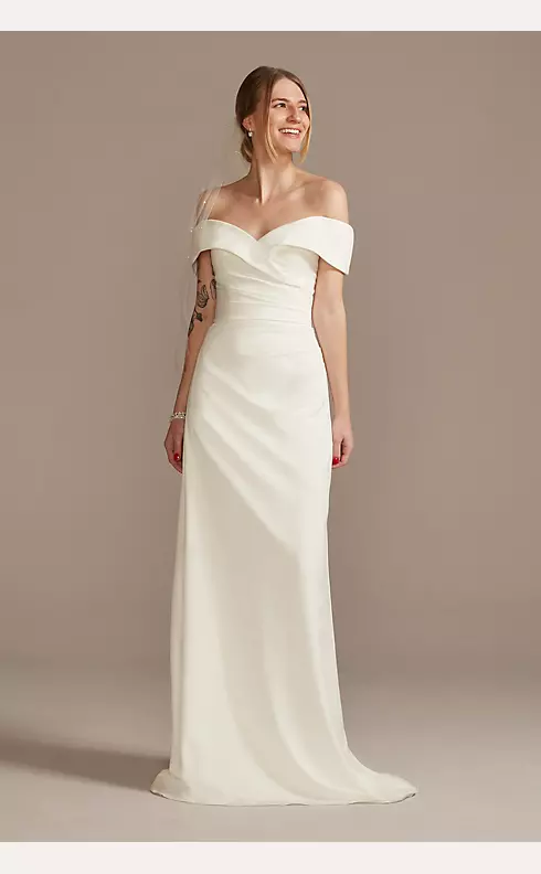 Crepe Off-the-Shoulder Sheath Wedding Dress Image 1