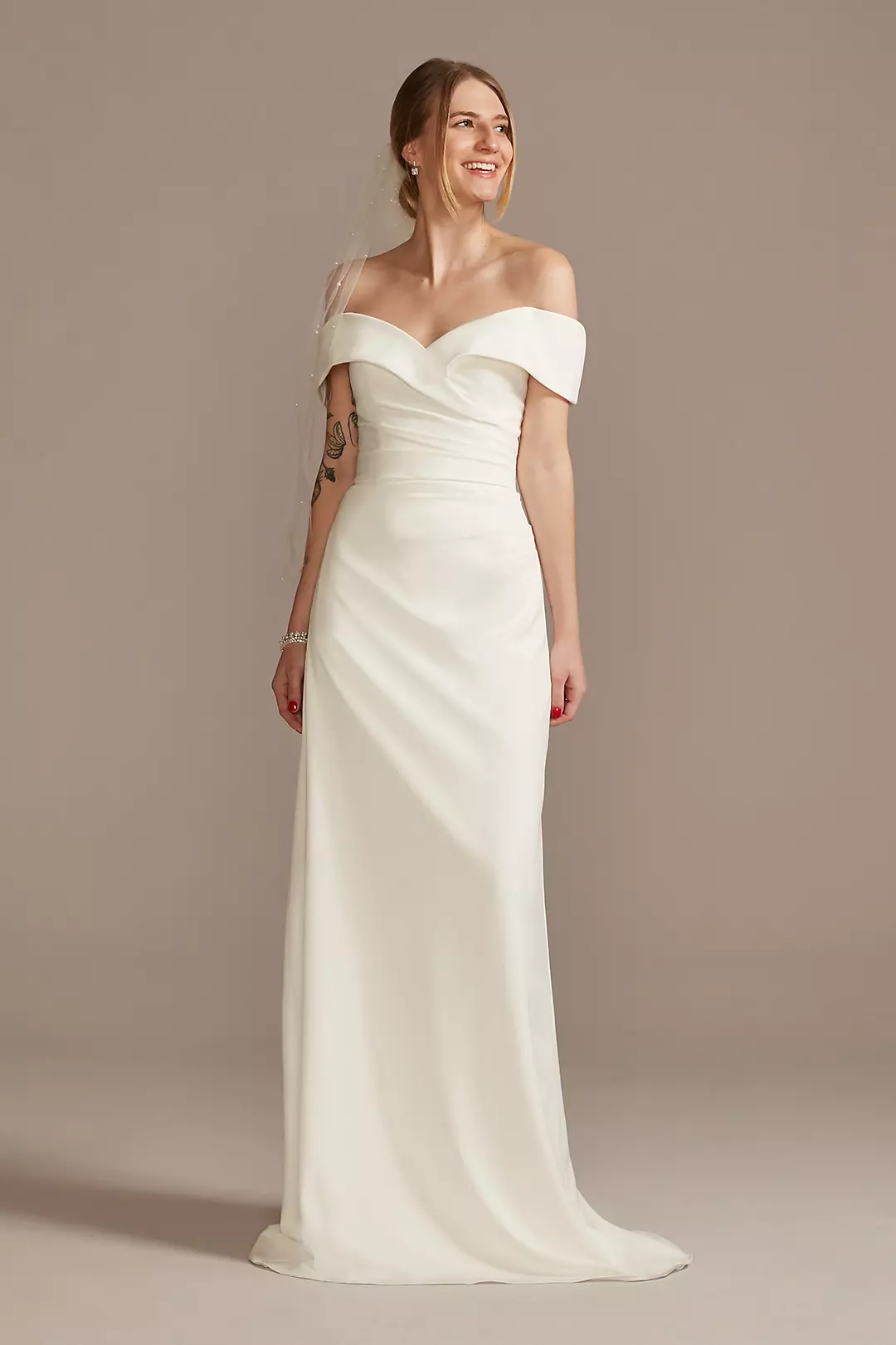 As Is Crepe Off-the-Shoulder Sheath Wedding Dress Image
