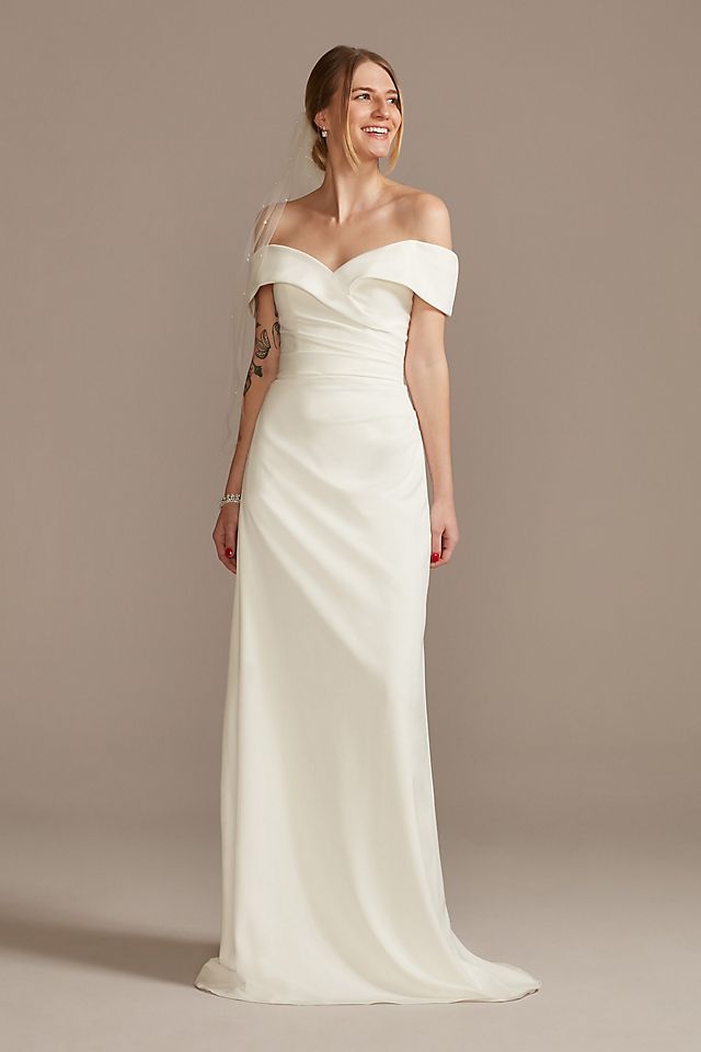 Crepe Off-the-Shoulder Sheath Wedding Dress Image 6