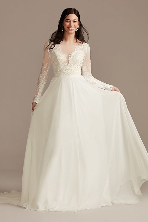 Long Sleeve Plunge Lace Chiffon Wedding Dress Image 1