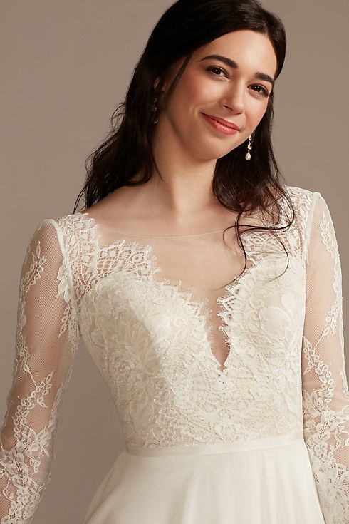 Long Sleeve Plunge Lace Chiffon Wedding Dress Image 5