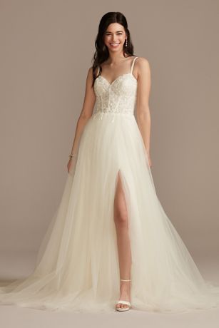 Sheer Boned Bodice Spaghetti Strap Wedding Dress