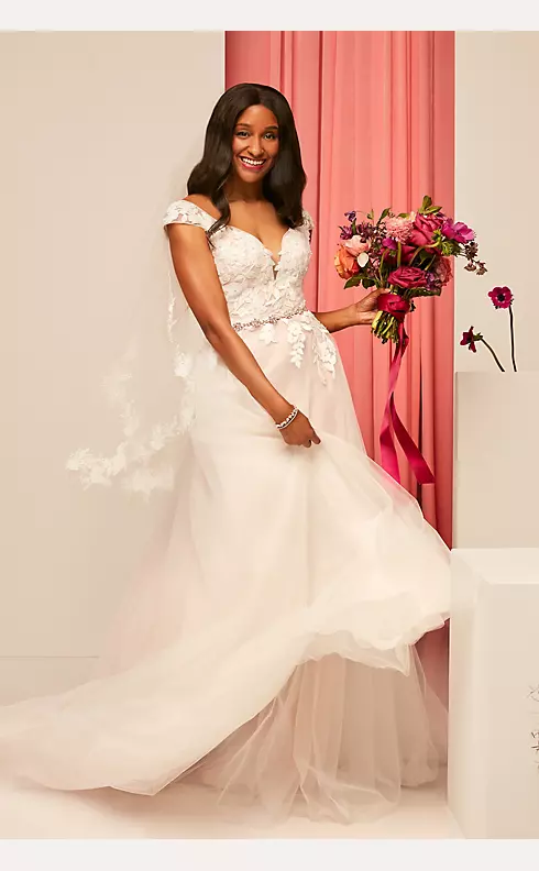 T232073 Gorgeous Tulle Ball Gown with 3-D Floral Lace Appliqués and Plunging  V-Neckline