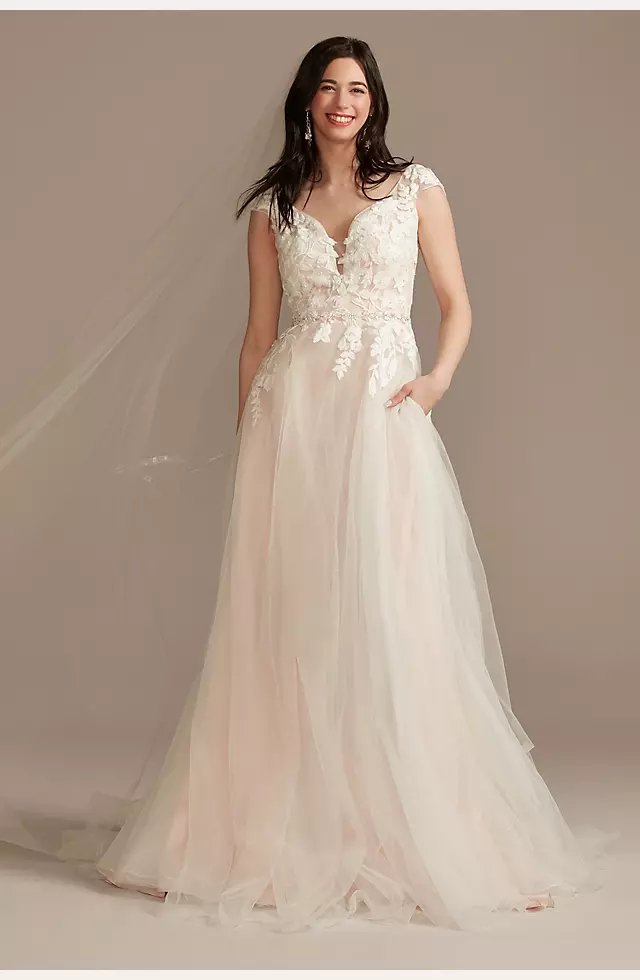 Appliqued Cap Sleeve Tulle Ball Gown Wedding Dress Image
