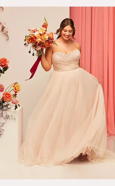 Pleated Bodice Tulle Strapless Plus Wedding Dress Image 5