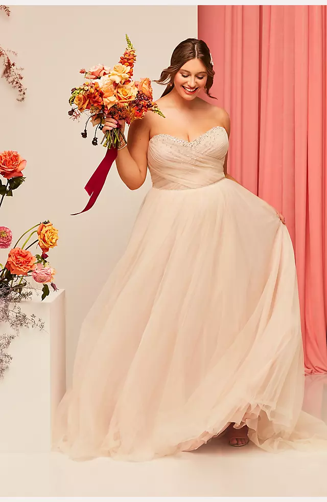 Pleated Bodice Tulle Strapless Plus Wedding Dress Image 5