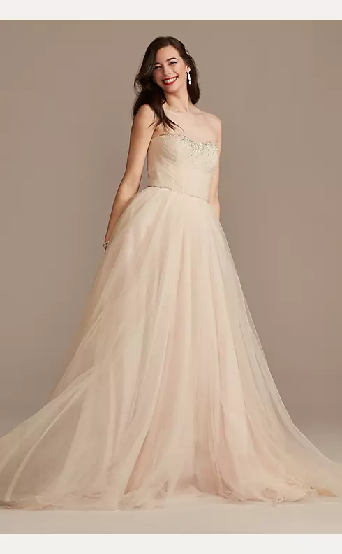 Pleated Bodice Tulle Strapless Plus Wedding Dress Image 1