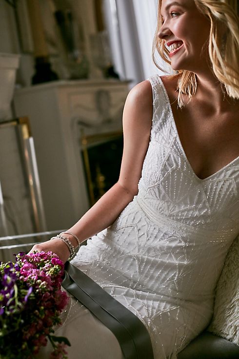 V-Neck Geometric Beaded Wedding Dress with Godets Image 5