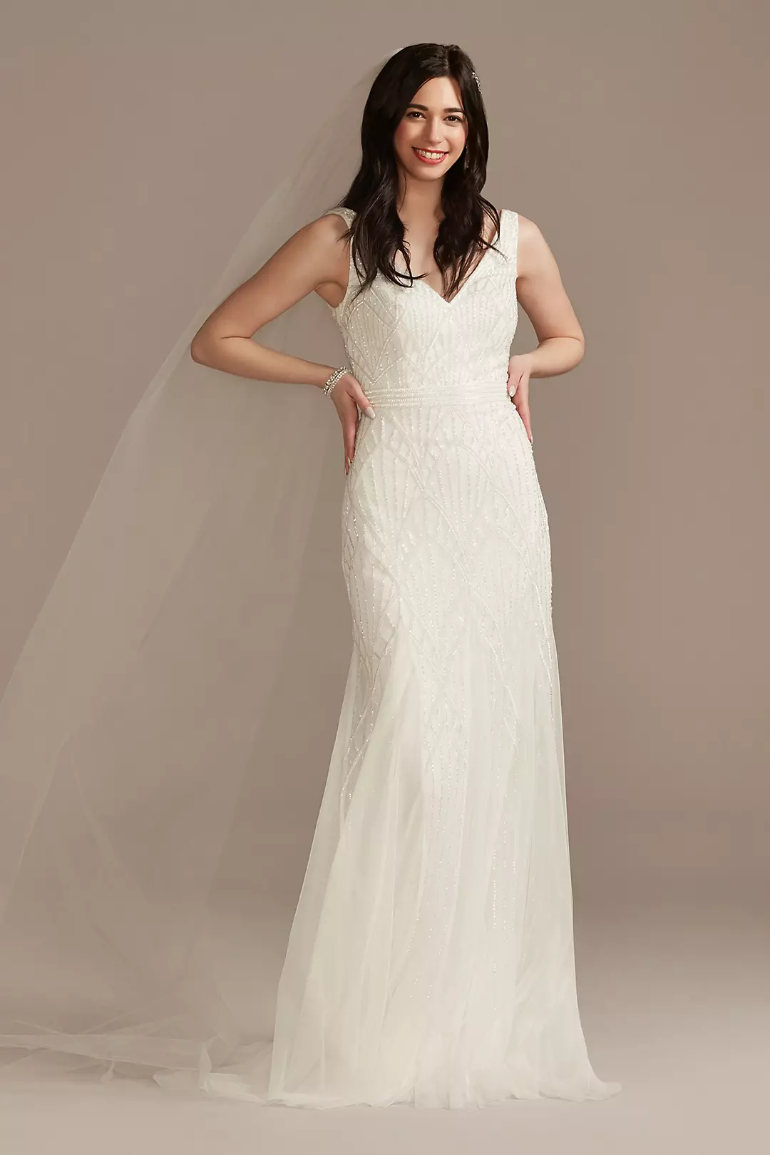 V-Neck Geometric Beaded Wedding Dress with Godets | David's V-Neck Geometric Beaded Wedding Dress with Godets | David's