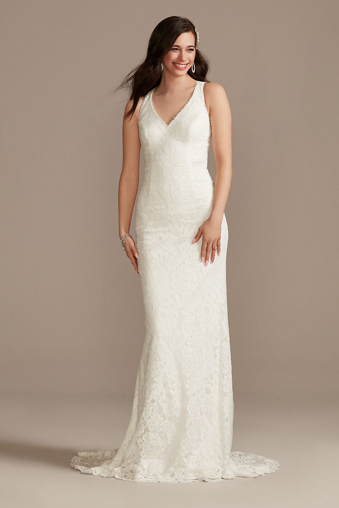 Scalloped Stretch Lace Halter Plus Wedding Dress Image 1