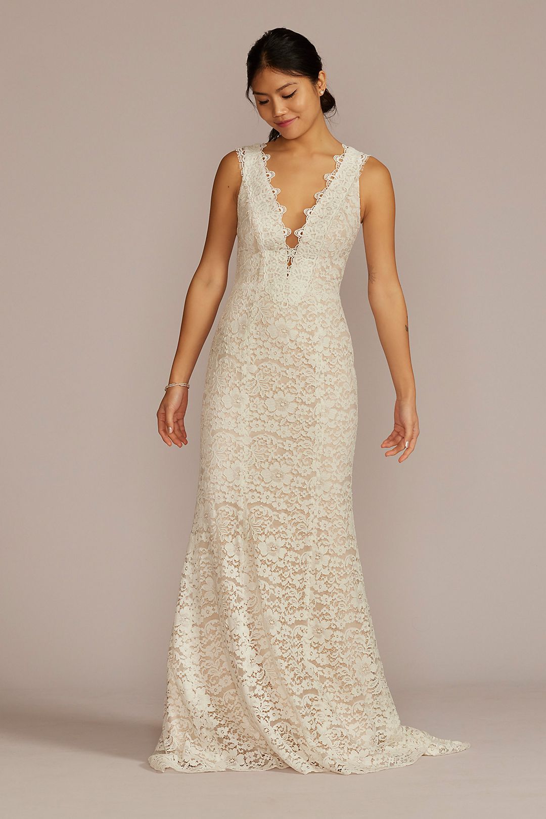 Allover Lace Tank Wedding Gown with V-Back Detail Image