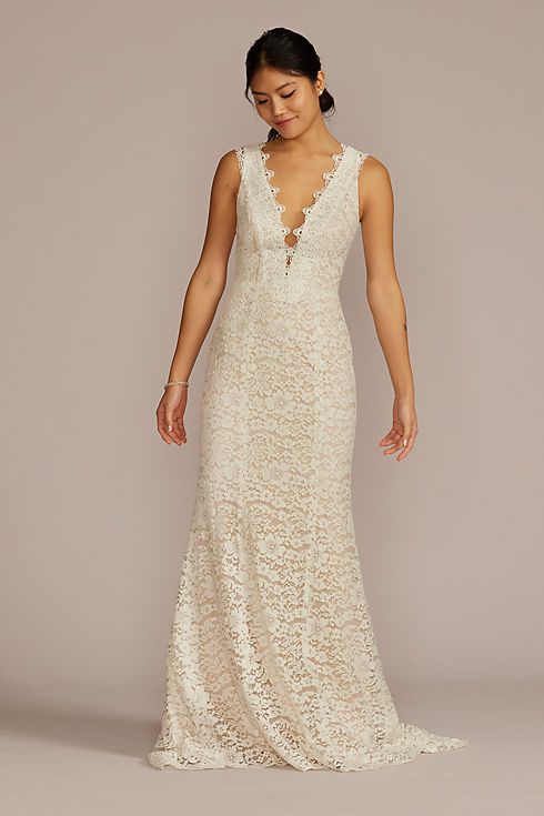 Allover Lace Tank Wedding Gown with V-Back Detail Image 1
