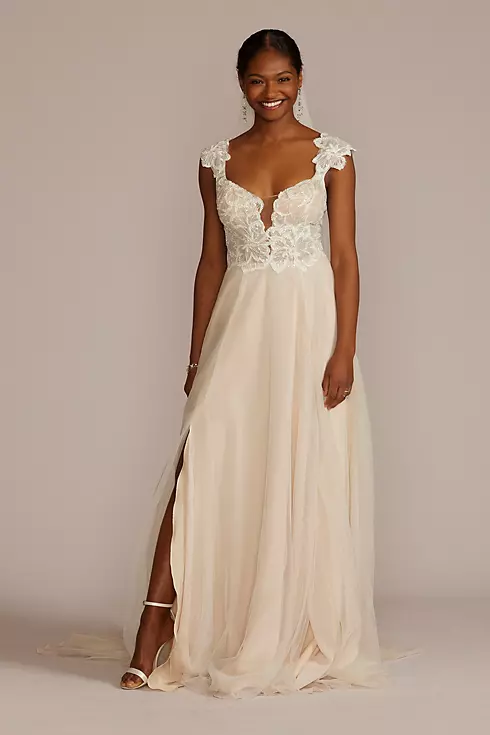 Floral Applique Cap Sleeve Wedding Gown Image 1
