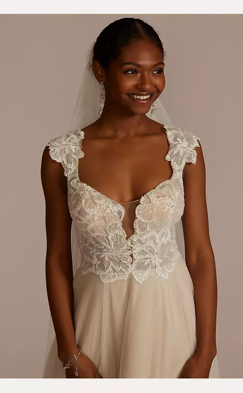 Floral Applique Cap Sleeve Wedding Gown Image 3