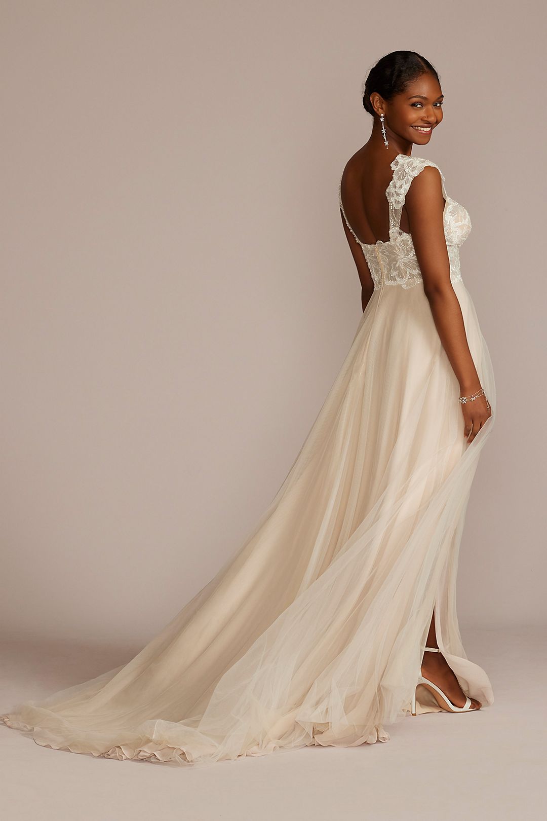 Floral Applique Cap Sleeve Wedding Gown Image 2
