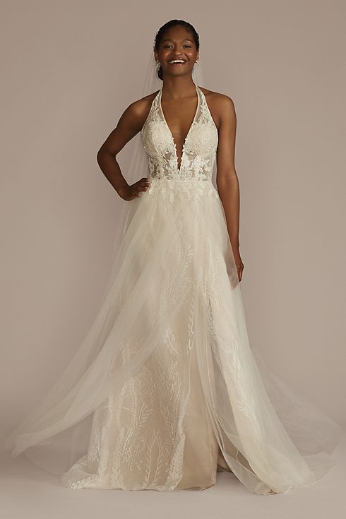 Lace Applique Halter A-Line Wedding Dress Image 1