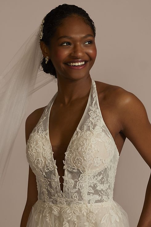 Lace Applique Halter A-Line Wedding Dress Image 3