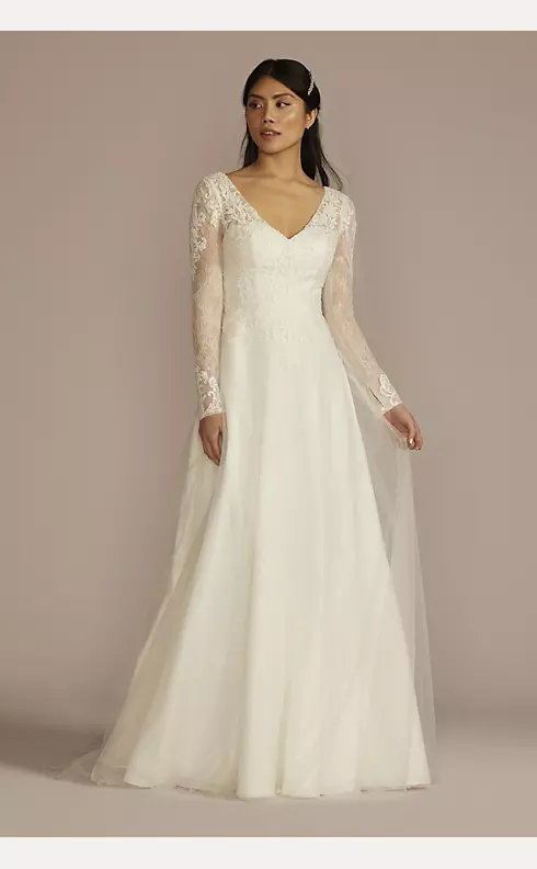 Long Sleeve Lace Bodice Tulle A-Line Wedding Dress Image 1