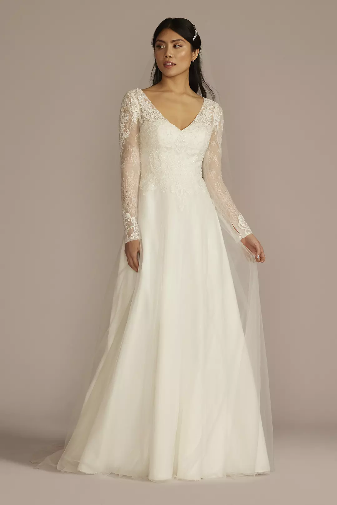 Long Sleeve Lace Bodice Tulle A-Line Wedding Dress Image