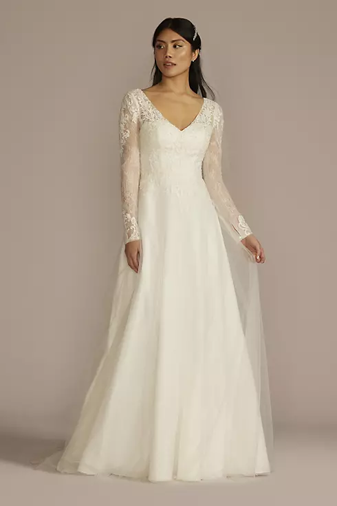 Long Sleeve Lace Bodice Tulle A-Line Wedding Dress Image 1