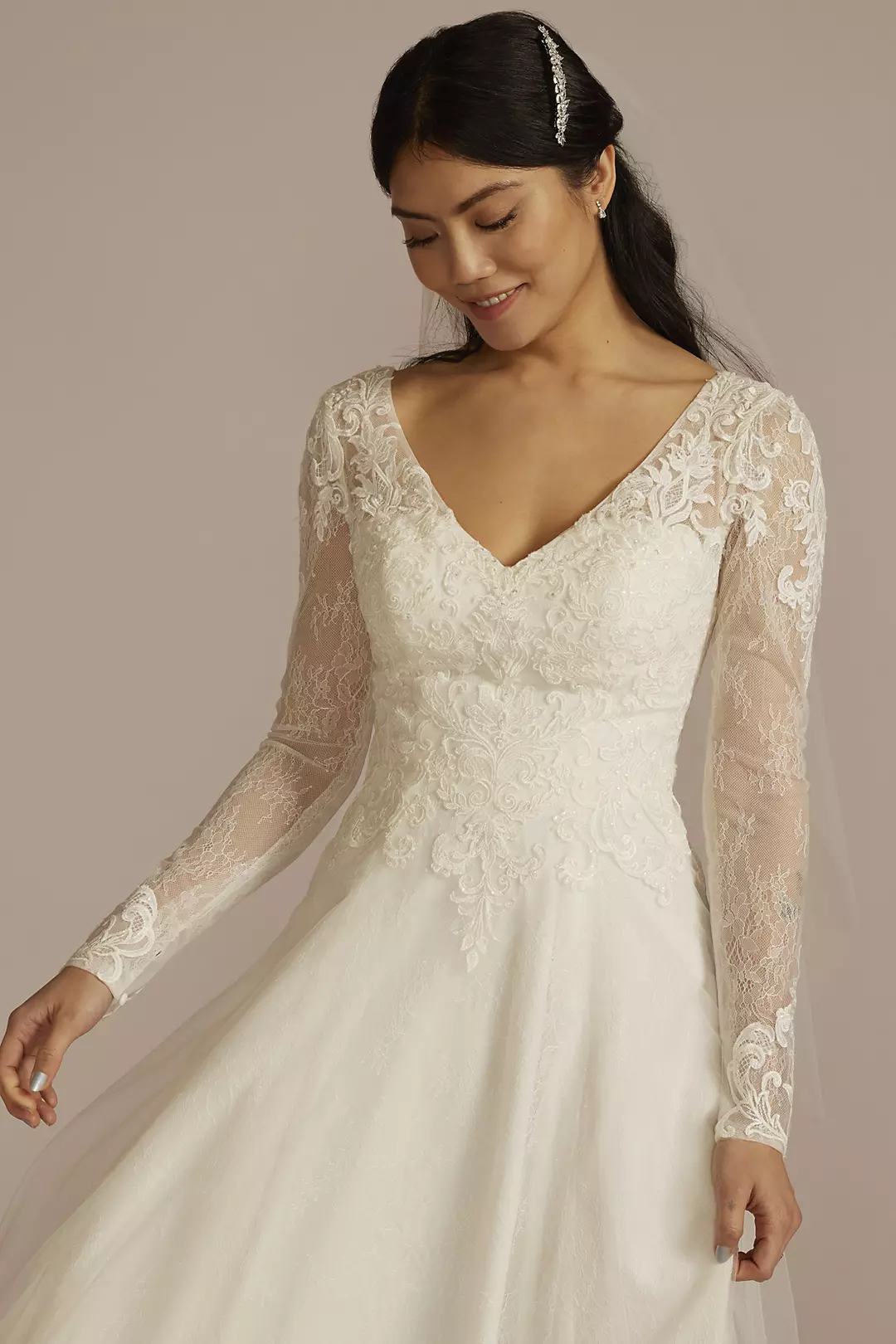 Long Sleeve Lace Bodice Tulle A-Line Wedding Dress Image 3