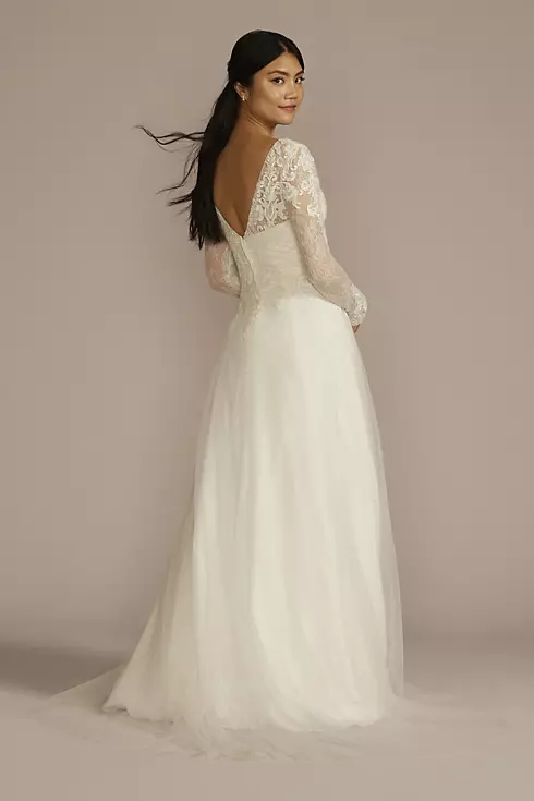 Long Sleeve Lace Bodice Tulle A-Line Wedding Dress Image 2