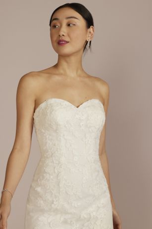 Off-Shoulder Lace Applique Sheath Wedding Dress | David's Bridal