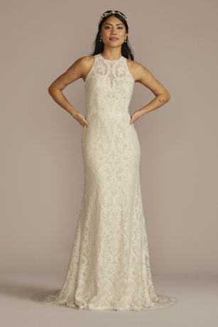 Vintage Ivory Lace Halter Wedding Dress