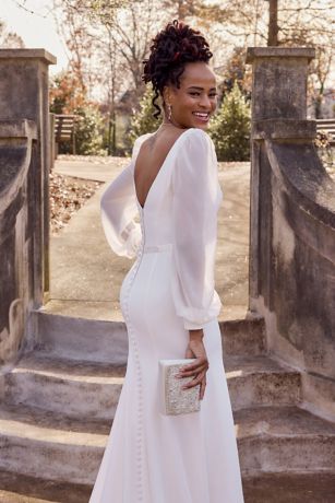 Long Sleeve V-Neck Crepe Mermaid Wedding Dress | David's Bridal