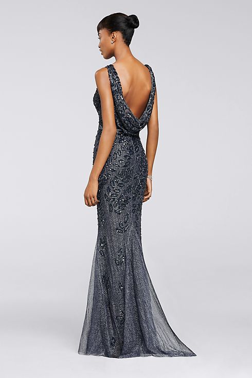 Long Sequined Dress with Cowl Back Image 2