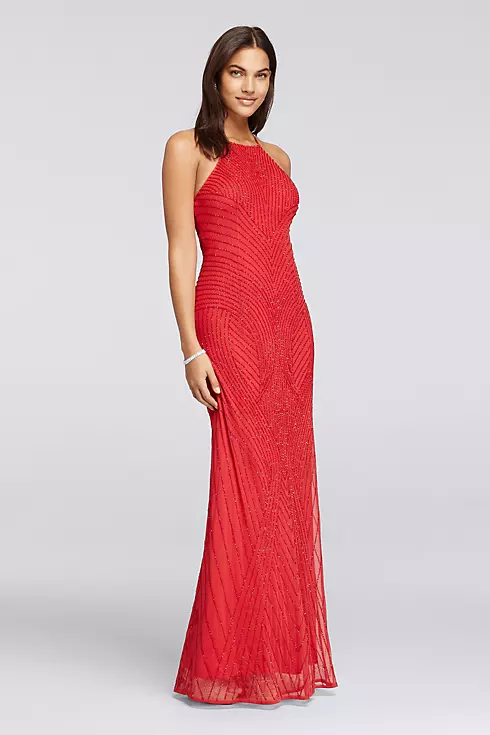 Long Allover Beaded Dress with High Halter Neck Image 1