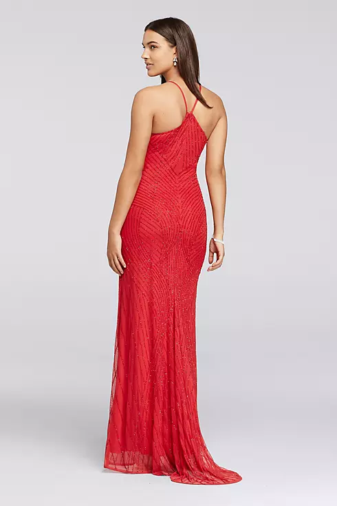 Long Allover Beaded Dress with High Halter Neck Image 2