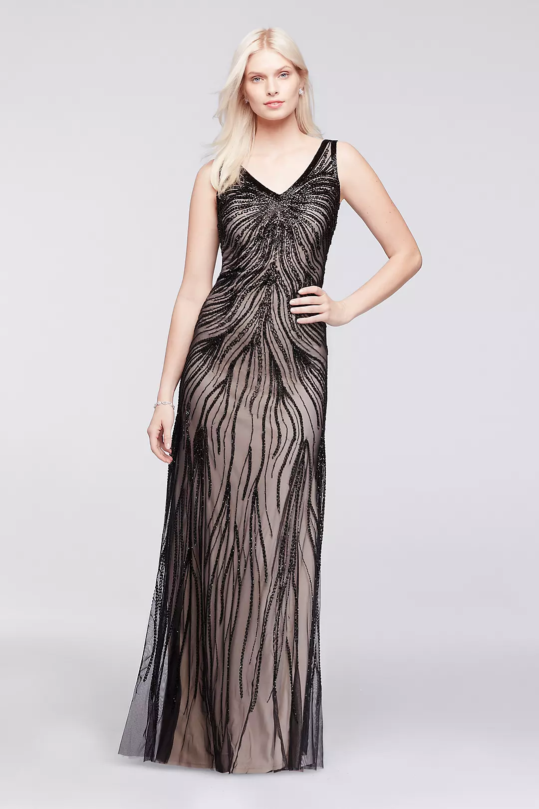 Sleeveless Beaded Long Dress with V-Neckline Image