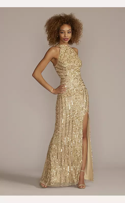 Sequin Halter Neck Gown with Skirt Slit Image 1