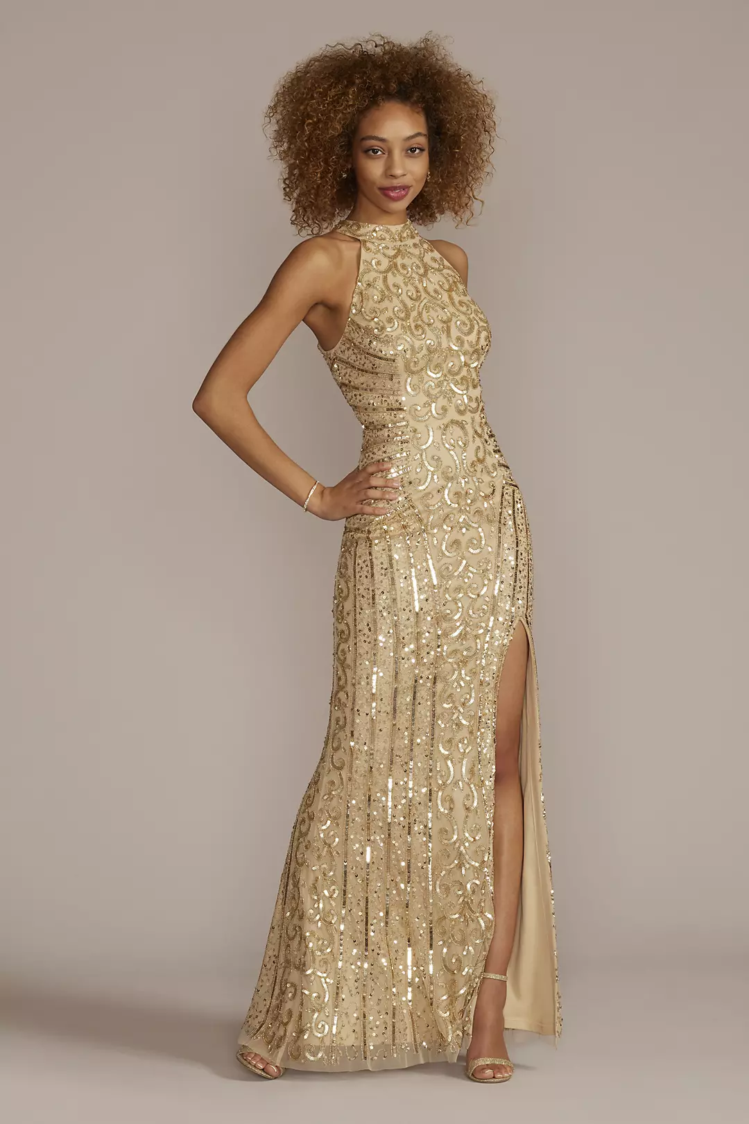 Sequin Halter Neck Gown with Skirt Slit Image