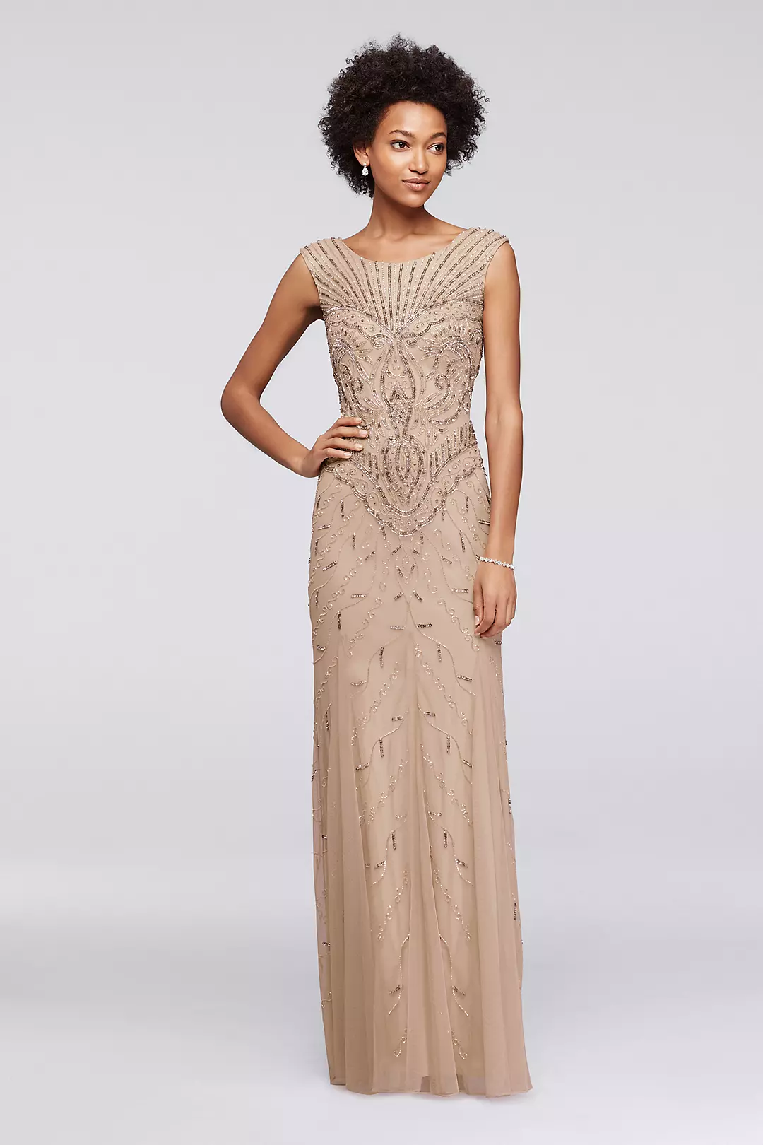 Long Beaded Art Deco Dress with Cap Sleeves Image