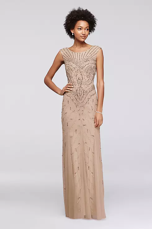 Long Beaded Art Deco Dress with Cap Sleeves Image 1