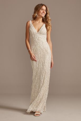 Beaded Matte Sequin V-Neck Sheath Dress | David's Bridal