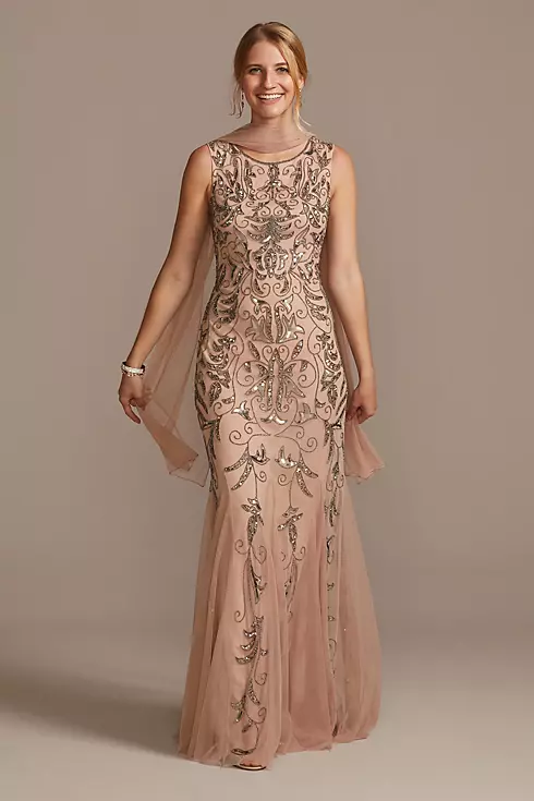 Beaded Sequin Scrolls Embellished Dress with Shawl Image 1